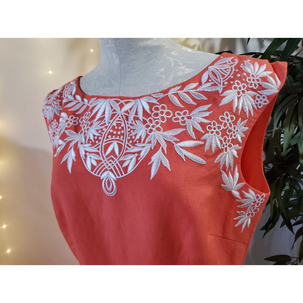 Antonio Melani Women's Peplum Dress Size 10 Embroidered Floral Linen/Rayon Coral - Picture 3 of 11